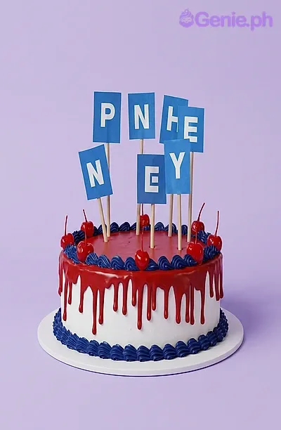 A white 1-tier birthday cake with red drip, blue piped borders, and blue square toppers spelling out a name A white 1-tier birthday cake with red drip, blue piped borders, and blue square toppers spelling out a name