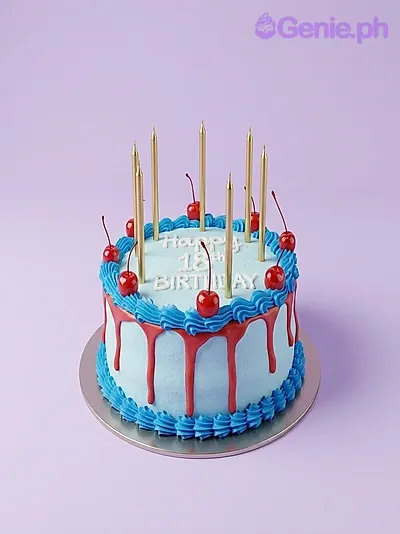 White 1-tier birthday cake with red drip, blue border, and five lit candles White 1-tier birthday cake with red drip, blue border, and five lit candles