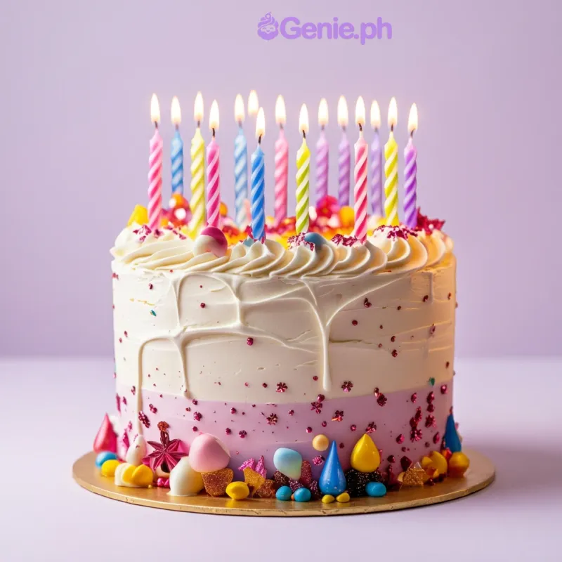White and pink gradient birthday cake with many colorful spiral candles and edible stars on the base board White and pink gradient birthday cake with many colorful spiral candles and edible stars on the base board