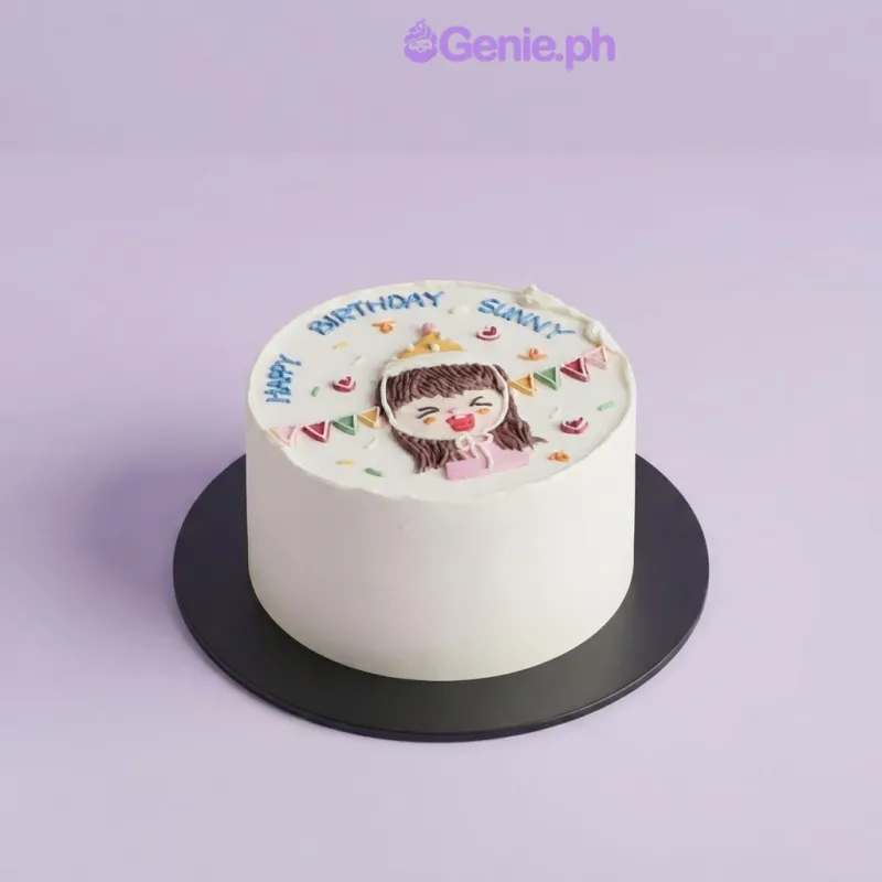 White 1-tier cake with soft icing, a hand-piped girl character doodle, party bunting, and blue birthday message White 1-tier cake with soft icing, a hand-piped girl character doodle, party bunting, and blue birthday message