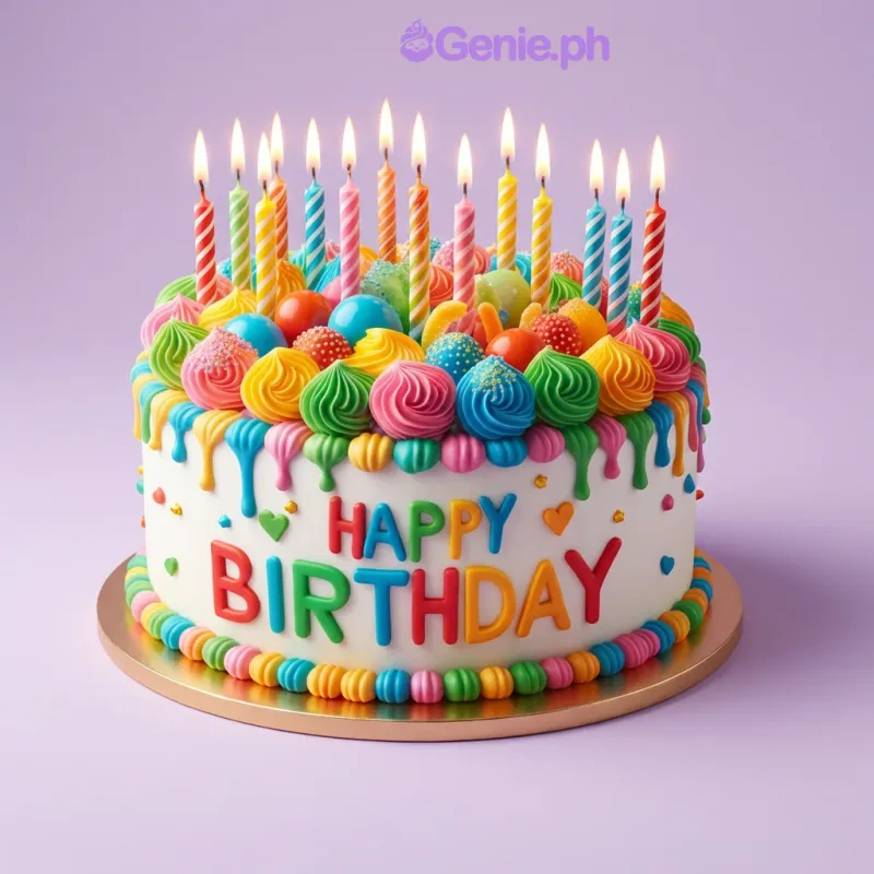 White 1-tier birthday cake with colorful piped swirls, candles, candy canes, and gift box decorations White 1-tier birthday cake with colorful piped swirls, candles, candy canes, and gift box decorations