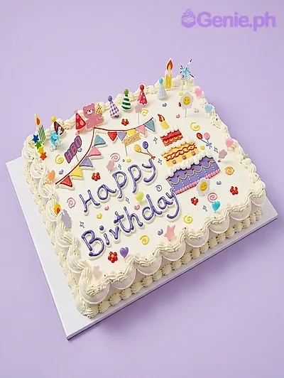 White rectangle cake with birthday banner, party hats, animal cutouts, and a cake graphic White rectangle cake with birthday banner, party hats, animal cutouts, and a cake graphic