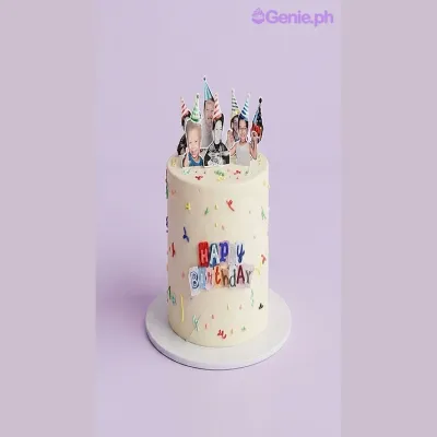 Light yellow 1-tier Memory Cake with soft icing, colorful sprinkles, and photo cutouts of people wearing party hats Light yellow 1-tier Memory Cake with soft icing, colorful sprinkles, and photo cutouts of people wearing party hats
