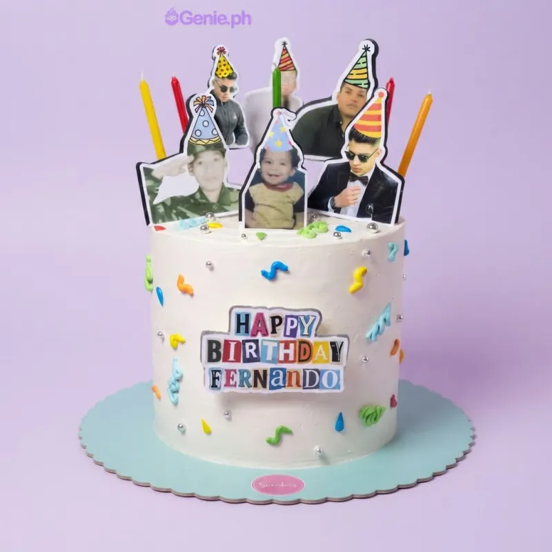 White 1-tier Memory Cake with soft icing, photo cutouts of a person wearing party hats, colorful candles, and a Happy Birthday Fernando sign White 1-tier Memory Cake with soft icing, photo cutouts of a person wearing party hats, colorful candles, and a Happy Birthday Fernando sign