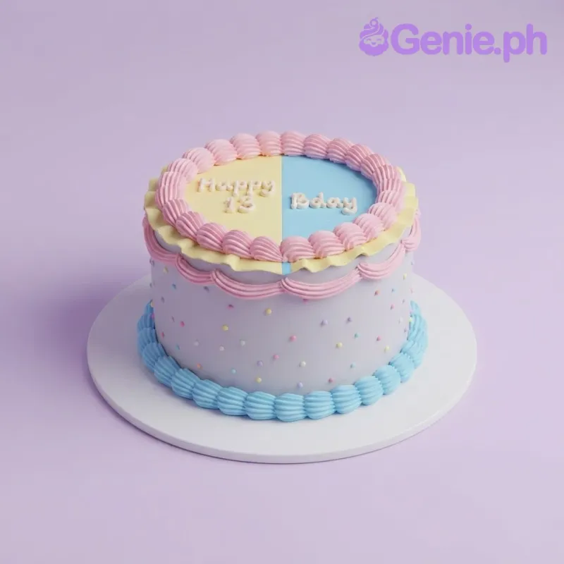 A small round cake with light blue sides, colorful sprinkles, and a segmented top in pink, blue, and yellow with piped dates. A small round cake with light blue sides, colorful sprinkles, and a segmented top in pink, blue, and yellow with piped dates.