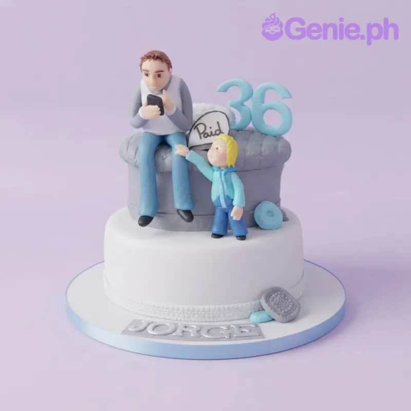White 2-tier fondant birthday cake with sculpted figures, a blue number 36, and a personalized name board White 2-tier fondant birthday cake with sculpted figures, a blue number 36, and a personalized name board