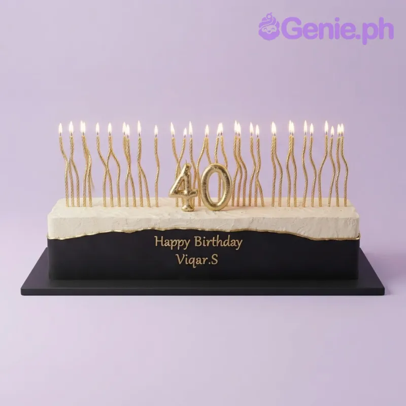 Rectangular birthday cake with black and white soft icing, gold number 40 candle, and tall gold taper candles Rectangular birthday cake with black and white soft icing, gold number 40 candle, and tall gold taper candles