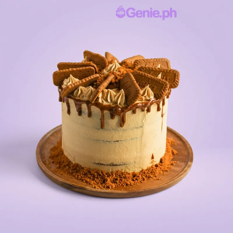One tier cake with Biscoff cookies, caramel drip, piped rosettes, and cookie crumbs One tier cake with Biscoff cookies, caramel drip, piped rosettes, and cookie crumbs