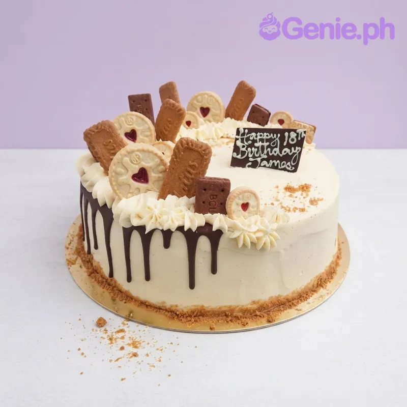Beige 1-tier cake with soft icing, chocolate drip, and assorted biscuit toppings Beige 1-tier cake with soft icing, chocolate drip, and assorted biscuit toppings