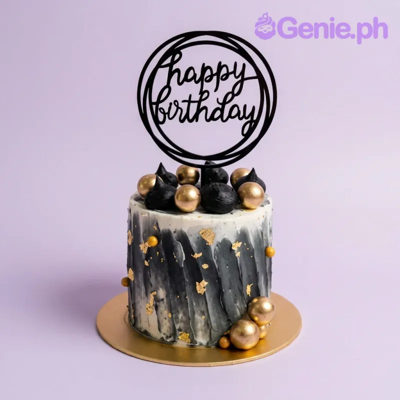 black and gold minimalist 1 Tier - red, black, gold theme with Happy Birthday circle topper and black icing dollops black and gold minimalist 1 Tier - red, black, gold theme with Happy Birthday circle topper and black icing dollops