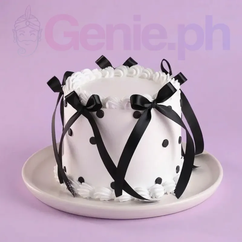 A white and black 1 Tier cake themed around Black And White Minimalist, featuring black satin bows and black polka dots with white icing borders. A white and black 1 Tier cake themed around Black And White Minimalist, featuring black satin bows and black polka dots with white icing borders.