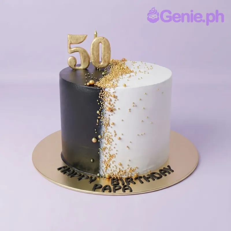 Black and white single-tier cake with gold sprinkles, a number 50 candle, and a board message Black and white single-tier cake with gold sprinkles, a number 50 candle, and a board message