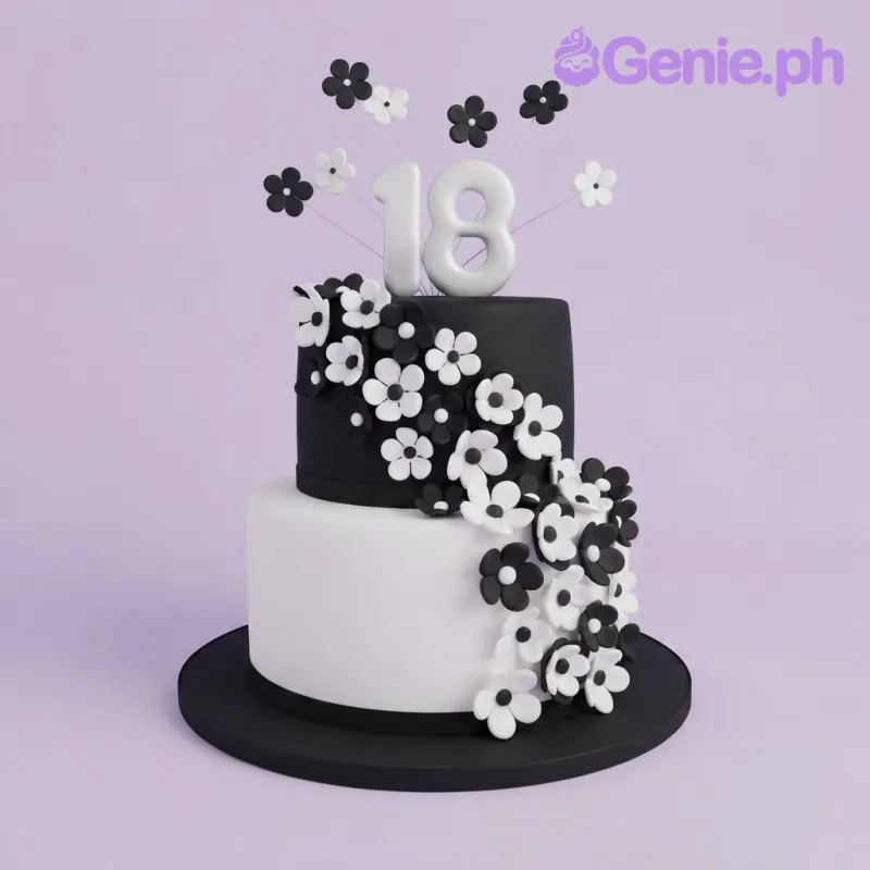 Two-tier fondant cake with black and white tiers, decorated with a cascade of black and white fondant flowers and a glittery 18 topper Two-tier fondant cake with black and white tiers, decorated with a cascade of black and white fondant flowers and a glittery 18 topper