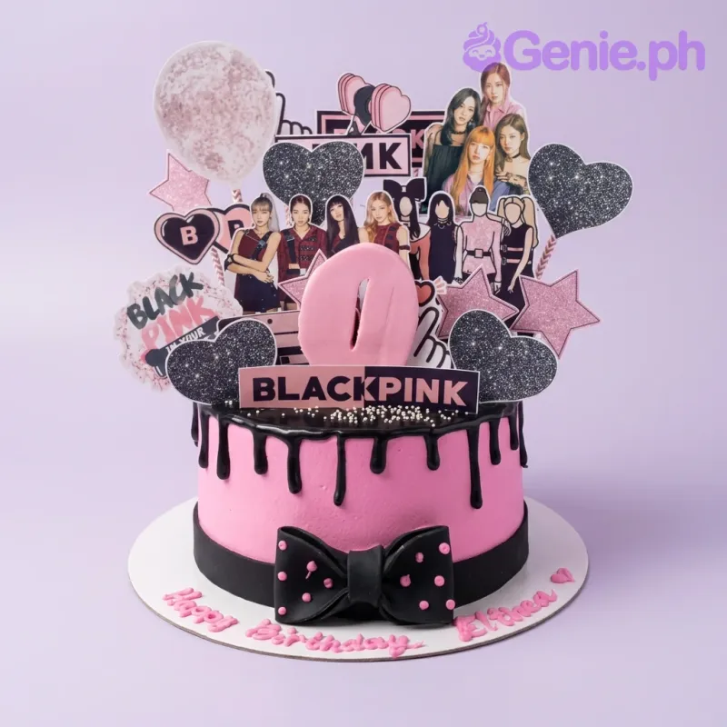 Pink Blackpink themed birthday cake with black chocolate drip, black bow, and various character printouts of the K-pop group members. Pink Blackpink themed birthday cake with black chocolate drip, black bow, and various character printouts of the K-pop group members.