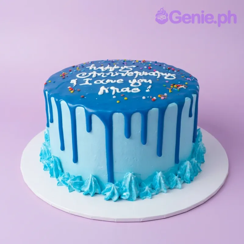 A light blue and dark blue 1 Tier Anniversary cake, featuring a dark blue drip, rainbow sprinkles, white icing text, and light blue rosettes. A light blue and dark blue 1 Tier Anniversary cake, featuring a dark blue drip, rainbow sprinkles, white icing text, and light blue rosettes.