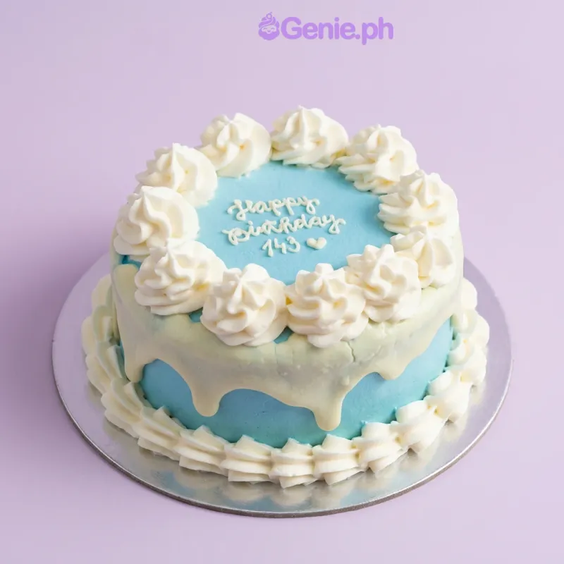 Sky blue bento cake with white piped border and white icing message Sky blue bento cake with white piped border and white icing message