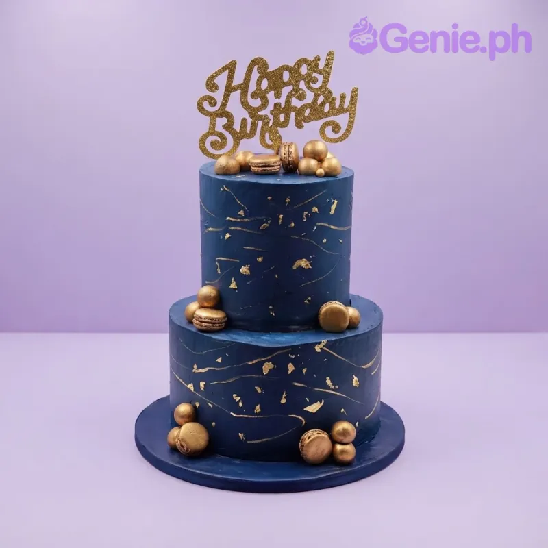 Navy blue two-tier birthday cake with gold glitter topper, gold macarons, and spheres Navy blue two-tier birthday cake with gold glitter topper, gold macarons, and spheres