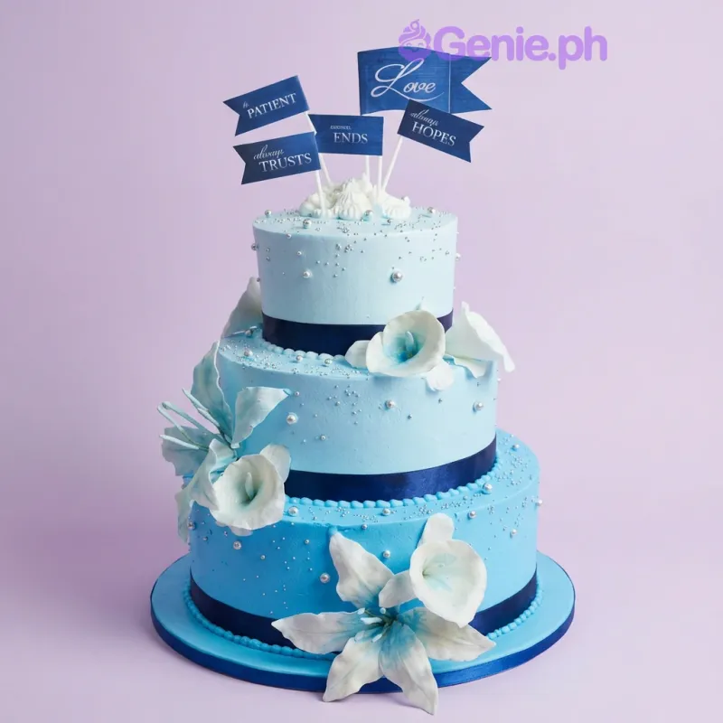 A three-tier blue gradient cake with white lilies, silver dragees, and blue flag toppers with inspirational messages. A three-tier blue gradient cake with white lilies, silver dragees, and blue flag toppers with inspirational messages.