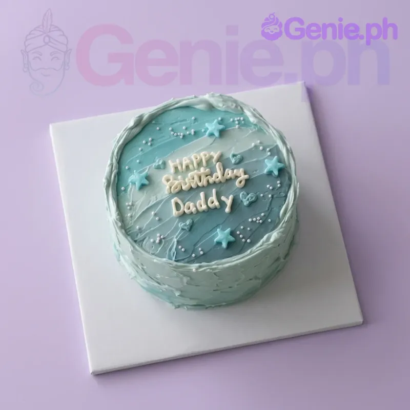A light blue 1-tier minimalist cake, featuring 'Happy Birthday Daddy' text, blue stars, hearts, and white sugar pearls. A light blue 1-tier minimalist cake, featuring 'Happy Birthday Daddy' text, blue stars, hearts, and white sugar pearls.
