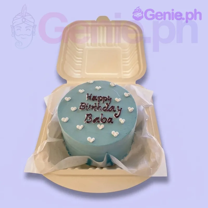 A light blue bento cake themed minimalist, with white icing hearts and 'Happy Birthday Baba' in brown icing. A light blue bento cake themed minimalist, with white icing hearts and 'Happy Birthday Baba' in brown icing.