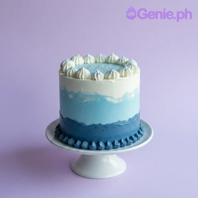 A blue ombre and white tall single-tier cake, featuring white meringue kisses on top and a blue piped border at the base. A blue ombre and white tall single-tier cake, featuring white meringue kisses on top and a blue piped border at the base.