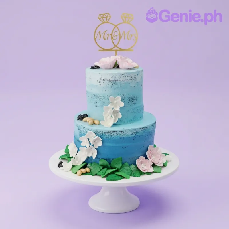 A blue ombre two-tier cake themed around a wedding, featuring a gold Mr & Mrs ring topper and pink and white gumpaste flowers. A blue ombre two-tier cake themed around a wedding, featuring a gold Mr & Mrs ring topper and pink and white gumpaste flowers.