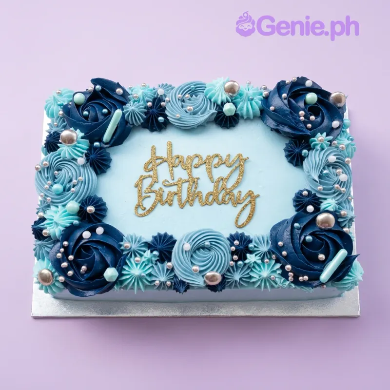 A light blue rectangular cake featuring navy and light blue icing rosettes, silver dragees, and a gold glitter 'Happy Birthday' topper. A light blue rectangular cake featuring navy and light blue icing rosettes, silver dragees, and a gold glitter 'Happy Birthday' topper.
