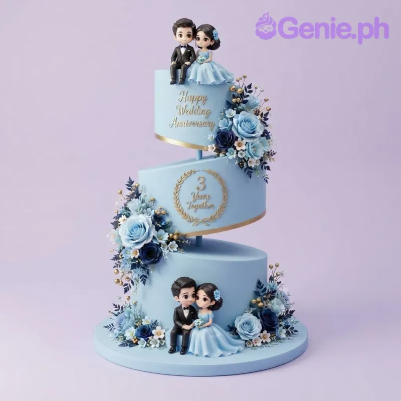 Sky blue 3 tier fondant wedding anniversary cake with fondant bride and groom figurines and light blue sugar roses Sky blue 3 tier fondant wedding anniversary cake with fondant bride and groom figurines and light blue sugar roses