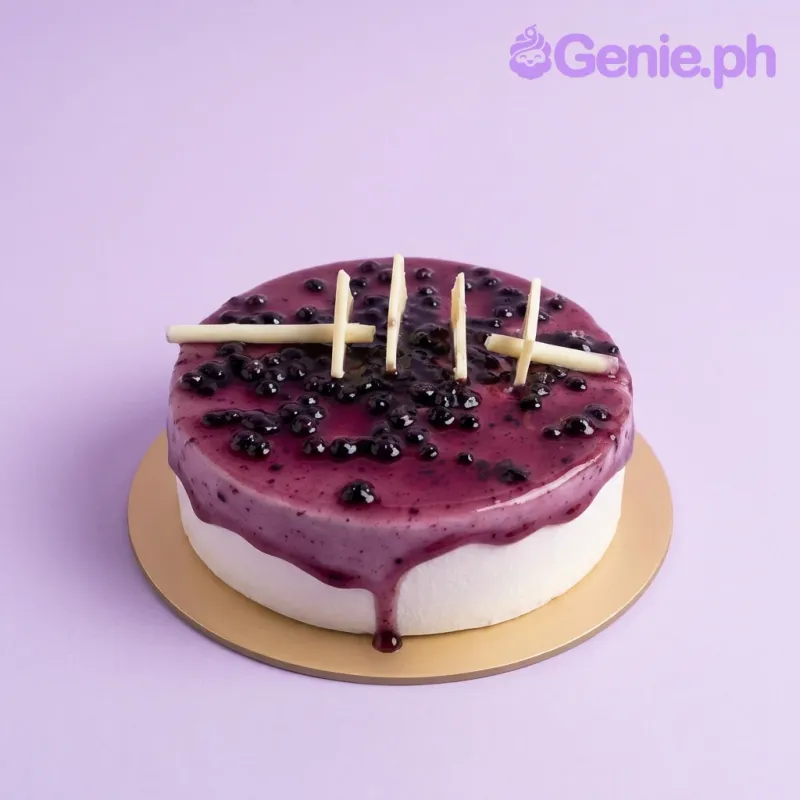 A white, purple, and dark blue 1 Tier cake themed around Blueberry Cheesecake, featuring white chocolate shards and fresh blueberries with a glaze drip. A white, purple, and dark blue 1 Tier cake themed around Blueberry Cheesecake, featuring white chocolate shards and fresh blueberries with a glaze drip.