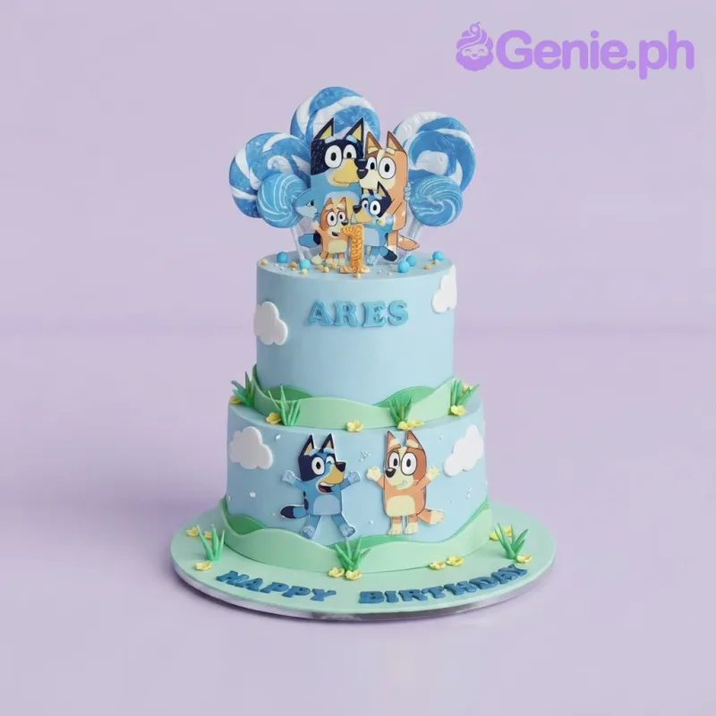 Sky blue 2-tier birthday cake with soft icing, Bluey character printouts, and blue lollipops Sky blue 2-tier birthday cake with soft icing, Bluey character printouts, and blue lollipops