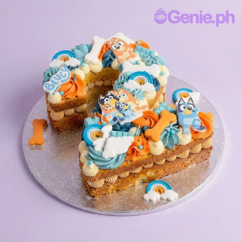 Cream rectangle cake with soft icing, Bluey character toppers, and fondant rainbows Cream rectangle cake with soft icing, Bluey character toppers, and fondant rainbows