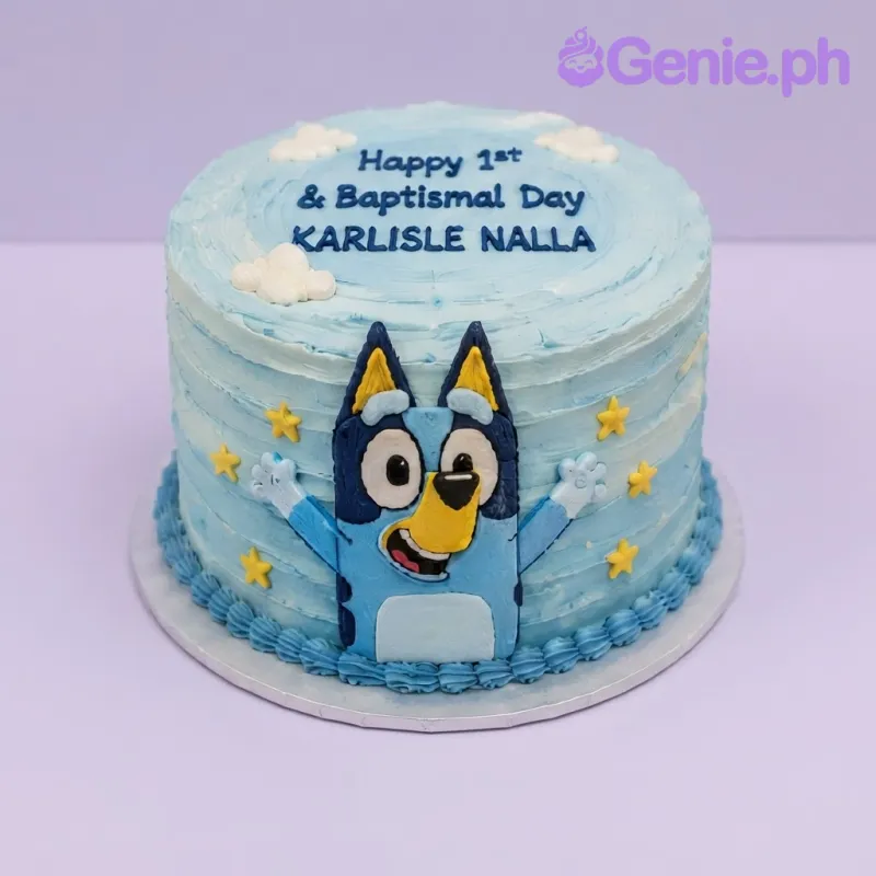 Light blue 1-tier birthday cake with soft icing, a Bluey character plaque, clouds, and yellow stars Light blue 1-tier birthday cake with soft icing, a Bluey character plaque, clouds, and yellow stars