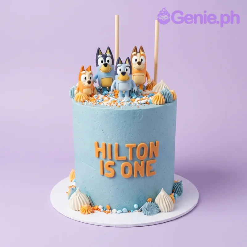 A light blue 1-tier Bluey cake featuring four character figures, icing dollops, sprinkles, and 'HILTON IS ONE' text. A light blue 1-tier Bluey cake featuring four character figures, icing dollops, sprinkles, and 'HILTON IS ONE' text.