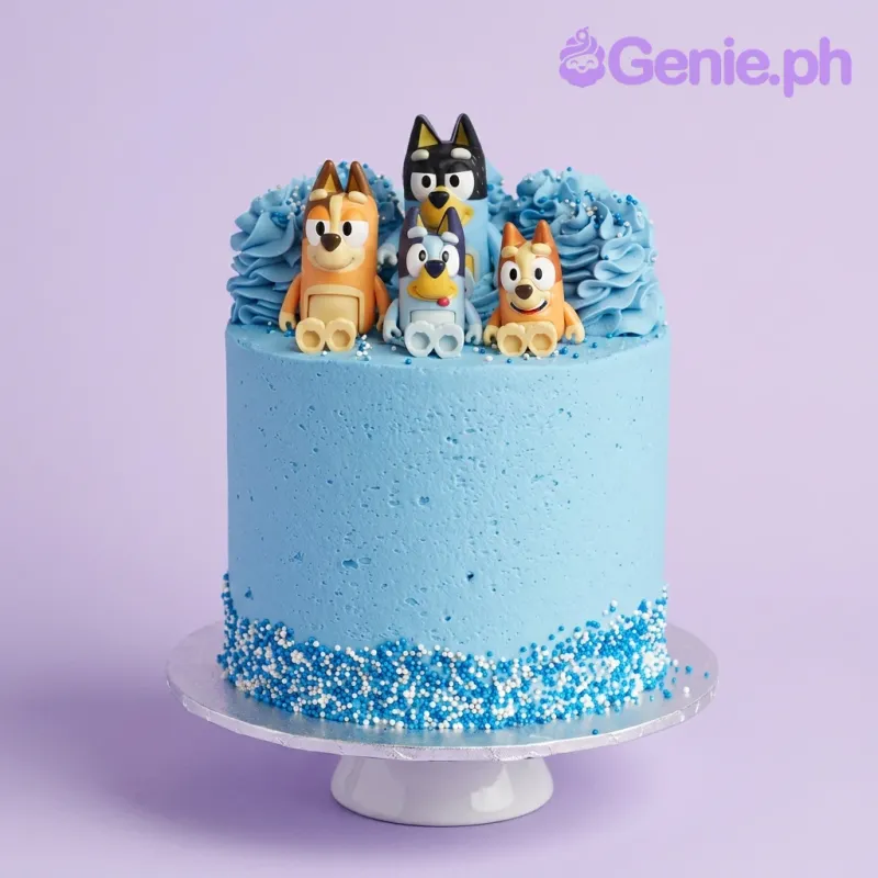 A light blue and white 1-tier cake themed around Bluey, featuring Bluey character figures and blue and white sprinkles. A light blue and white 1-tier cake themed around Bluey, featuring Bluey character figures and blue and white sprinkles.