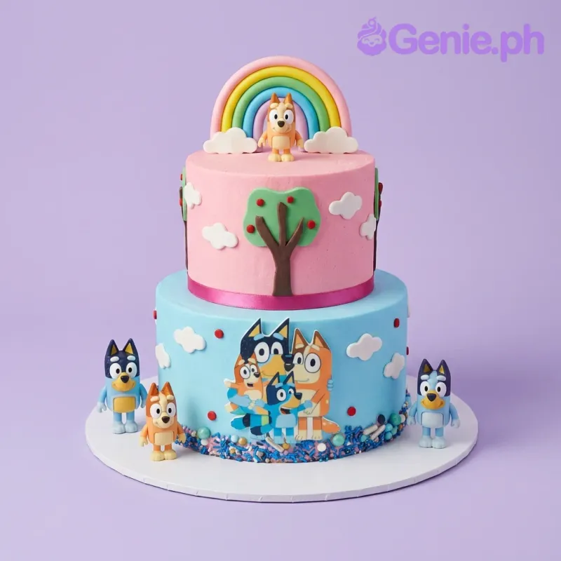 Blue and pink 2-tier fondant cake, Bluey themed, with 3D character figures, a family printout, and a rainbow. Blue and pink 2-tier fondant cake, Bluey themed, with 3D character figures, a family printout, and a rainbow.