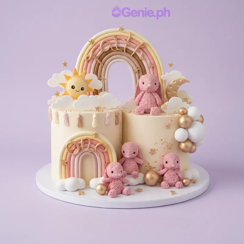 Beige 2-tier birthday cake with rainbow arch, bunny figurines, and sun and moon decorations Beige 2-tier birthday cake with rainbow arch, bunny figurines, and sun and moon decorations