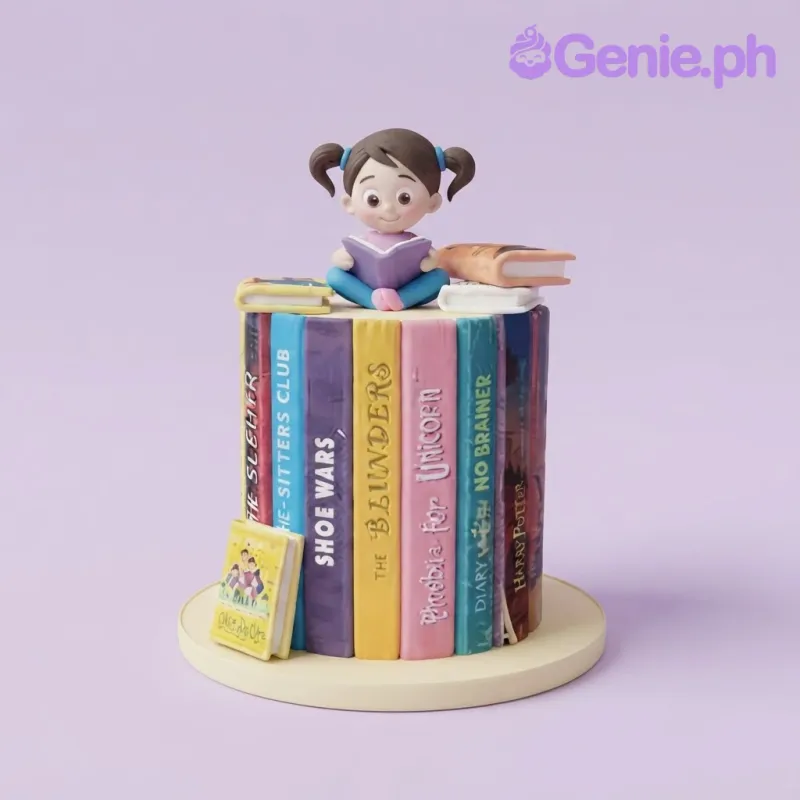 Multicolor book-themed fondant cake decorated with colorful book spines, a reading girl figurine, and an age topper Multicolor book-themed fondant cake decorated with colorful book spines, a reading girl figurine, and an age topper