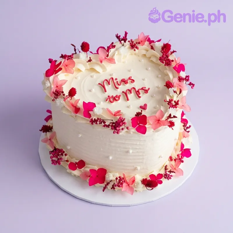 A white heart-shaped cake themed for a Bridal Shower, featuring pink and red dried flowers and 'Miss to Mrs' red icing. A white heart-shaped cake themed for a Bridal Shower, featuring pink and red dried flowers and 'Miss to Mrs' red icing.