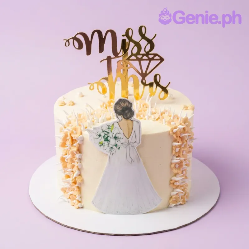 White minimalist bridal shower cake with a bride printout topper, gold Miss to Mrs topper, and yellow icing flower cascades. White minimalist bridal shower cake with a bride printout topper, gold Miss to Mrs topper, and yellow icing flower cascades.