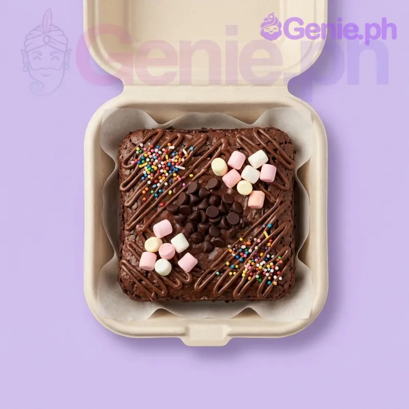 Six chocolate brownie squares topped with chocolate drizzle, colorful sprinkles, mini marshmallows, and chocolate chips on a white plate. Six chocolate brownie squares topped with chocolate drizzle, colorful sprinkles, mini marshmallows, and chocolate chips on a white plate.