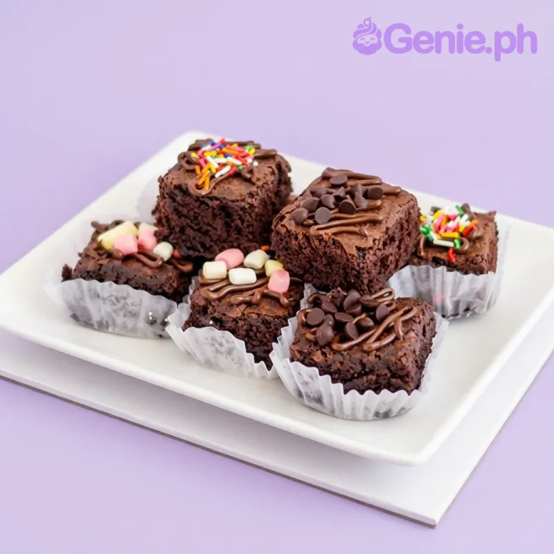 Chocolate fudge brownies topped with chocolate drizzle, marshmallows, chocolate chips, and colorful sprinkles in a holiday-themed setting. Chocolate fudge brownies topped with chocolate drizzle, marshmallows, chocolate chips, and colorful sprinkles in a holiday-themed setting.