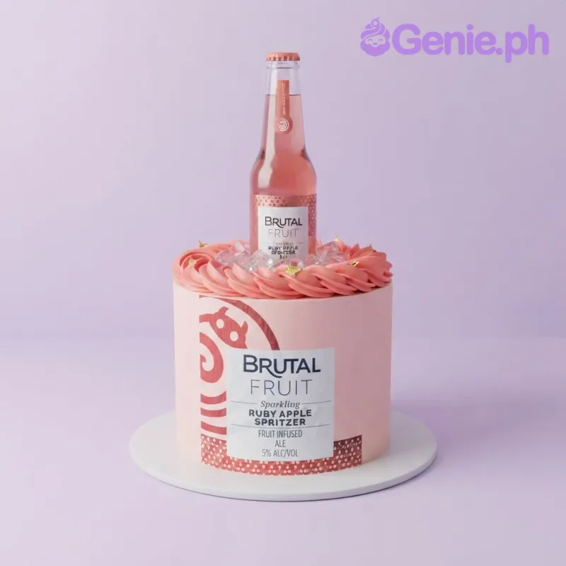 Pink 1-tier cake with a Brutal Fruit bottle topper, a printed side label, and piped icing border Pink 1-tier cake with a Brutal Fruit bottle topper, a printed side label, and piped icing border