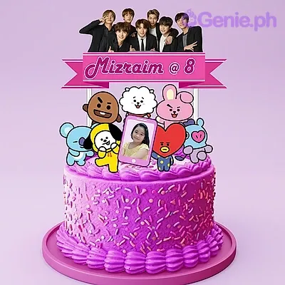 Pink 1-tier birthday cake with BT21 character cutouts and a photo topper Pink 1-tier birthday cake with BT21 character cutouts and a photo topper