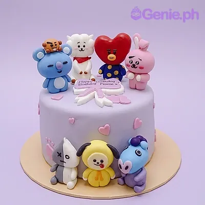 Seven BT21 character figures and a pink bow on a lavender 1-tier fondant cake with pink hearts Seven BT21 character figures and a pink bow on a lavender 1-tier fondant cake with pink hearts