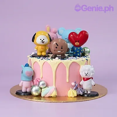 BT21 Cake cake design — 1 layer soft icing cake in light yellow and pink — with BT21 character figurines, silver decorative spheres, meringue kisses, and marshmallow piece BT21 Cake cake design — 1 layer soft icing cake in light yellow and pink — with BT21 character figurines, silver decorative spheres, meringue kisses, and marshmallow piece