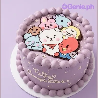 Lavender 1-tier birthday cake with BT21 character printouts and piped icing border Lavender 1-tier birthday cake with BT21 character printouts and piped icing border