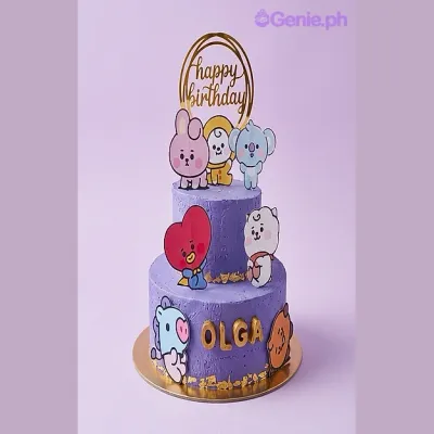 Purple 2-tier birthday cake with BT21 character printouts and gold Happy Birthday topper Purple 2-tier birthday cake with BT21 character printouts and gold Happy Birthday topper
