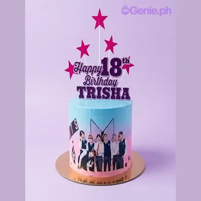 Blue and pink gradient 1-tier birthday cake with BTS group photo printout and Happy 18th Birthday topper Blue and pink gradient 1-tier birthday cake with BTS group photo printout and Happy 18th Birthday topper