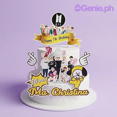 White 1-tier birthday cake with BTS logo, member cutouts, Chimmy character, a birthday banner, finger heart cutouts, a speech bubble, and a name topper White 1-tier birthday cake with BTS logo, member cutouts, Chimmy character, a birthday banner, finger heart cutouts, a speech bubble, and a name topper