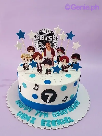 BTS blue 1 Tier - white, black, blue theme with BTS logo topper and BTS member character cutouts BTS blue 1 Tier - white, black, blue theme with BTS logo topper and BTS member character cutouts